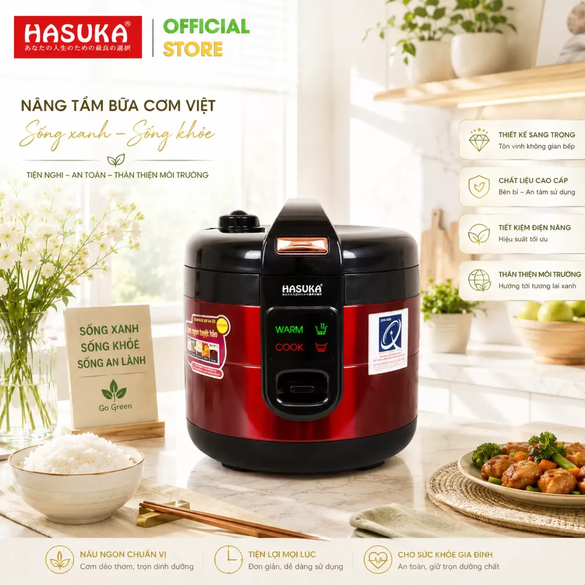 Nồi cơm điện 1,8 lít HASUKA HSK-826 (Đỏ - 900W - 1,8L)