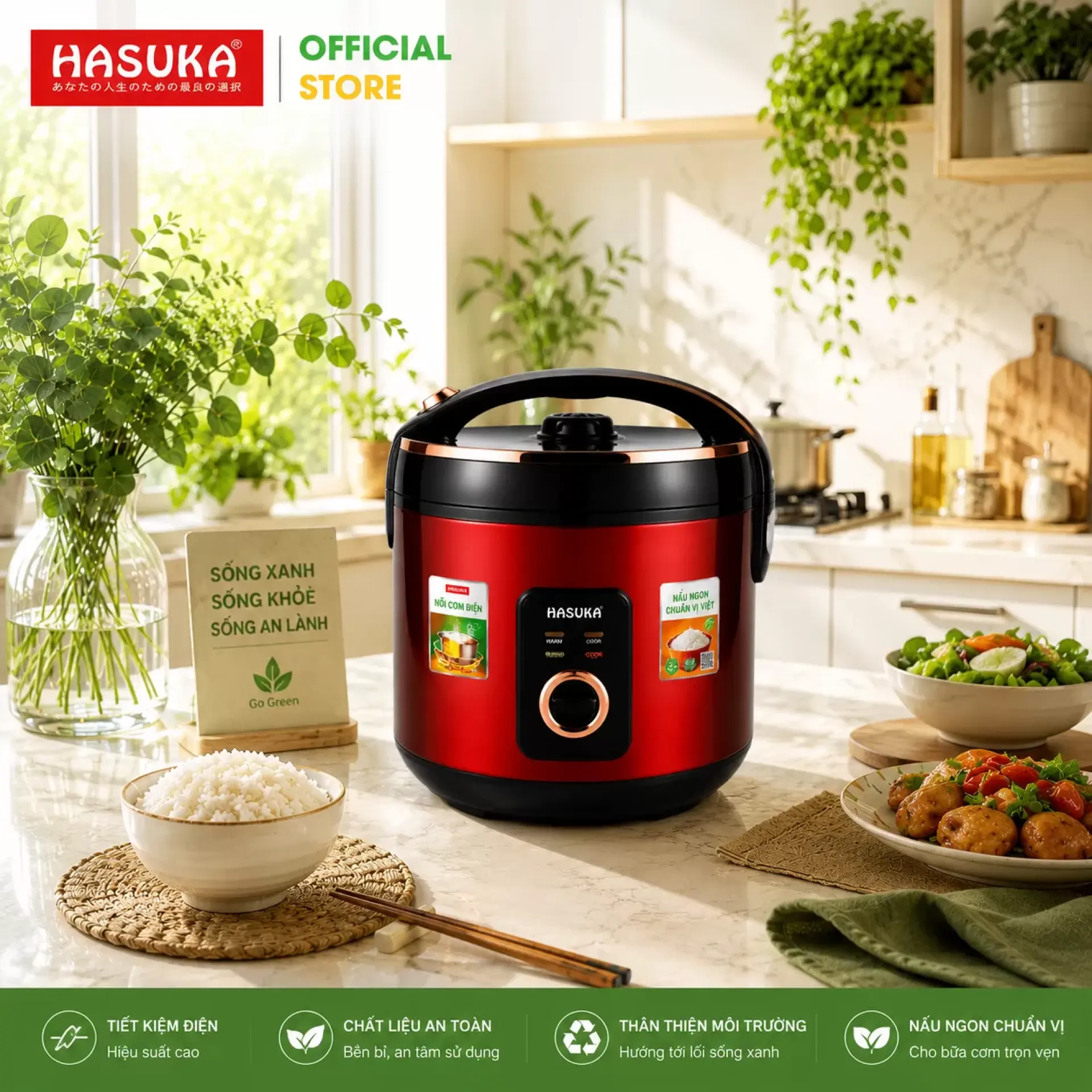 Nồi cơm điện 1,8 lít HASUKA HSK-833 (Đỏ - 1,8L)
